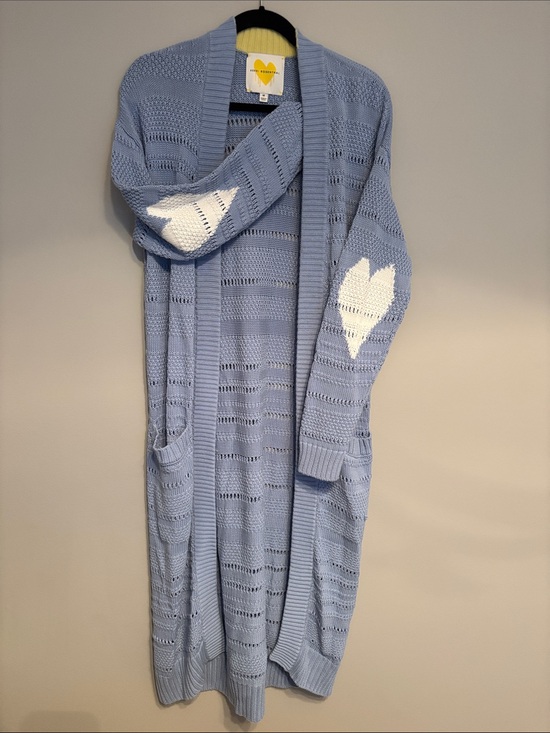 Kerri Rosenthal Sweaters - Light Blue Long Open-Front Cardigan with White Heart Elbow Detail